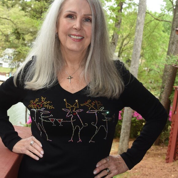 Christmas Deer Toasting  rhinestone bling long sleeved shirt XS S M L XL XXL 1X… - Picture 1 of 8